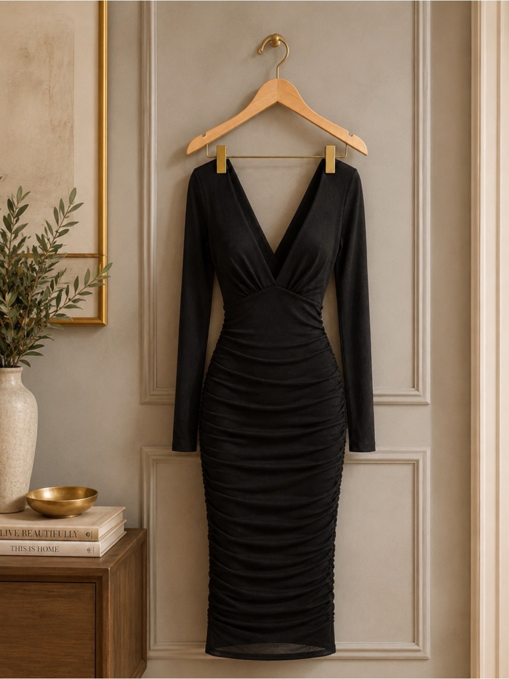 Fashion Nova Black Long Sleeve Ruched V‑Neck Midi Dress